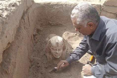 archaeologists in egypt unearth sphinx like roman era statue