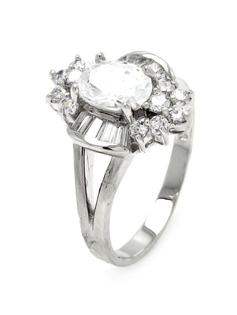 All In Stock Clear Oval Cubic Zirconia Center Fashion Ring Rhodium