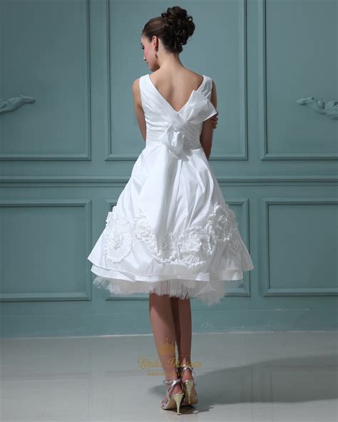 Tea length wedding dresses for simple elegance. White V Neck Tea Length Taffeta Wedding Dresses With ...