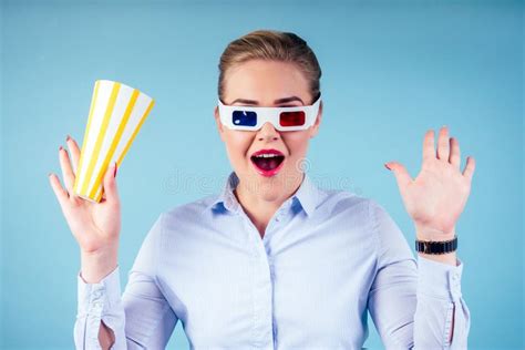 Surprised Amazed Woman Watching 3D Movie In Glasses With Bowl With