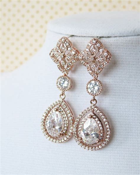 Rose Gold Vintage Style Chandelier Earrings Brides Earrings Cubic