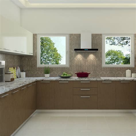 Beautiful Brown Shades In A Wood Finished Modular Kitchen Modular