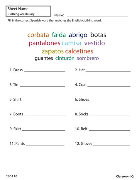 Spanish Clothing Words Spanishworksheets Classroomiq Newteachers