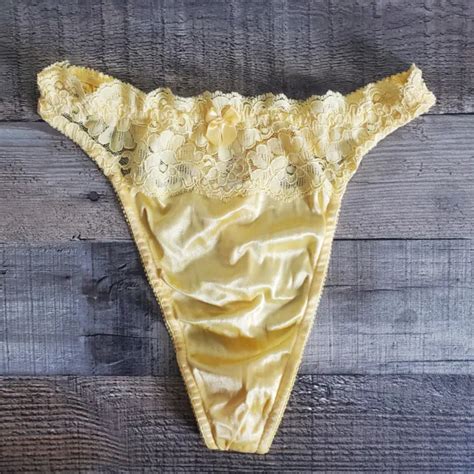 vintage victoria s secret second skin satin thong bikini panties yellow lace m 67 00 picclick