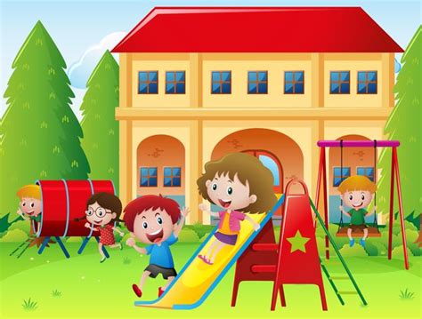 Children Playing At School Playground 381756 Vector Art At Vecteezy