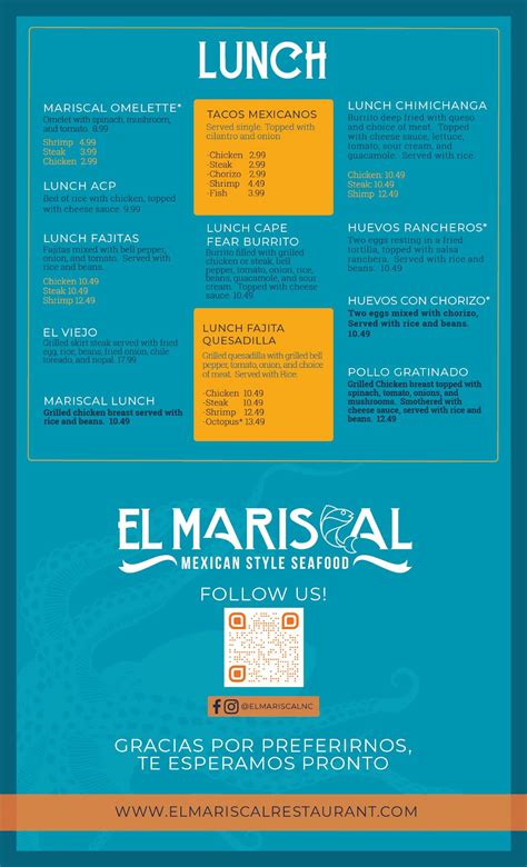 Menu at El Mariscal Mexican Style Seafood restaurant, Wilmington