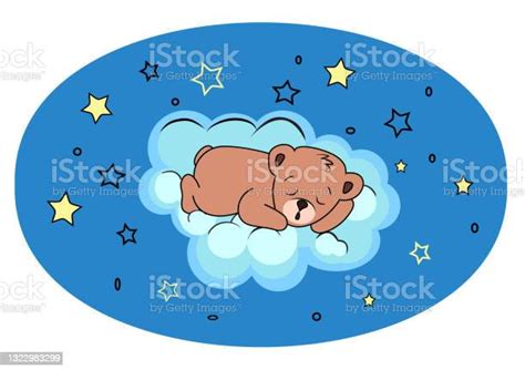 Adorable Teddy Bear Sleeping On Cloud In Night Sky Stock Illustration