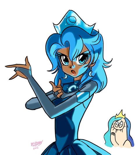 A Cartoon Character With Blue Hair Wearing A Dress And Holding Her Hand Out To The Side