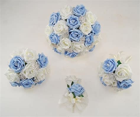 Light Blue Ivory Foam Rose Classic Diamante Brooch Wedding Flower
