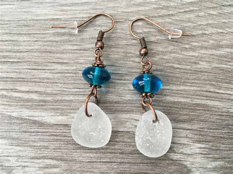 Sea Glass Earrings With Blue Glass Bead Unusual T Beach Glass Jewelry Rustic Recycled