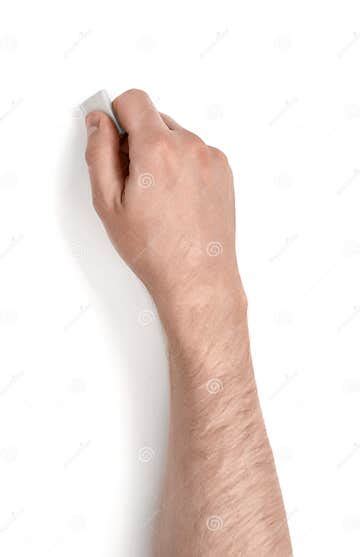 Close Up View Of A Man S Hand Holding An Eraser Isolated On White