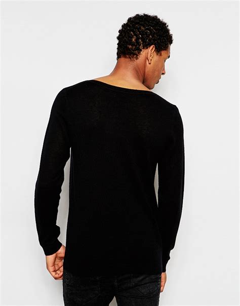 Asos Merino Boat Neck Sweater In Black For Men Lyst