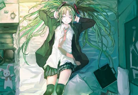 Bed Cropped Green Green Hair Hatsune Miku Long Hair Thighhighs Tie