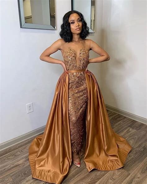 African Gold Prom Dress With Detachable Overskirt Luxury Beads Embriodery Lace Floor Length Long
