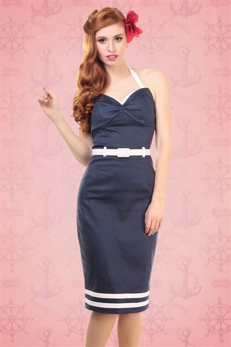 50s Ginger Sailor Wing Bust Pencil Dress In Navy