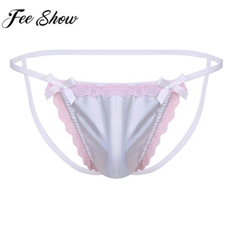 Feeshow Sexy Mens Sissy Lace Thongs Lingerie Silver Glittery Gay Underwear Faux Leather Pouch