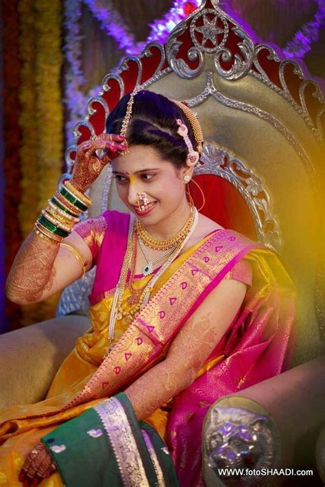 Marathi Bride In Pink And Yellow Silk Saree Marathi Bride Indian