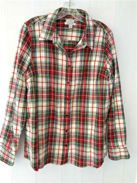 Llbean Womens Flannel Shirt Sz L Slightly Fitted Cream Tartan Plaid