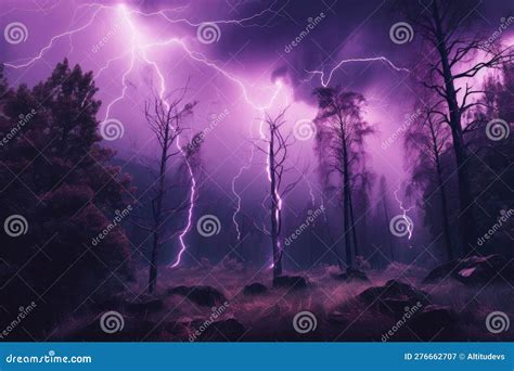 Magical Dark Purple Forest With Stormy Skies Lightning Bolts And