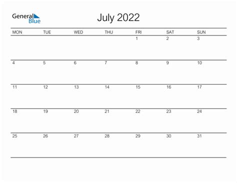 Printable July 2022 Monthly Calendar Monday Start