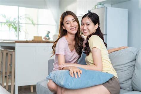 Portrait Of Asian Beautiful Lesbian Woman Couple Smile Look At Camera Attractive Two Female