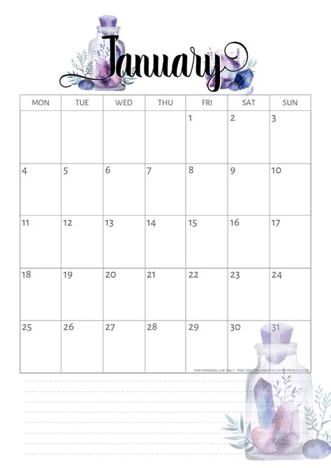 Print out your favorite january 2021 calendar template or you can even download all of them and create your own monthly calendar by adding holidays and events on them. January-2021-calendar-printable-crystals - Cute Freebies ...
