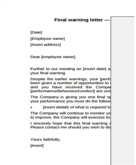 9 Final Warning Letter Template 9 Free Word Pdf Format Download