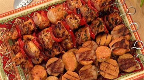 smoky chicken skewers with bacon wrapped sweet potato kabobs and maple cream dipper recipe