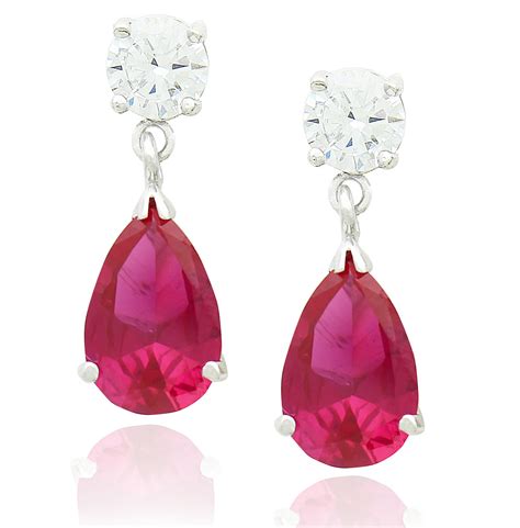 Sterling Silver 925 Clear Cubic Zirconia And Pear Ruby Drop Earrings