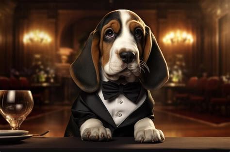 Premium Photo A Cute Basset Hound Puppy In A Classic Tuxedo Look 00162 01