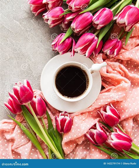 Cup Of Coffee And Tulips Stock Photo Image Of Flat 142279174