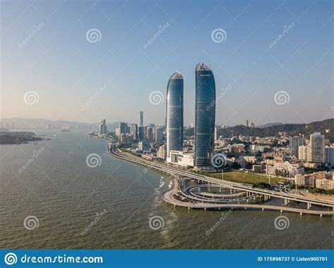 Aerial View Of Xiamen Cityscapes Skyline And The Bridge With Beautiful