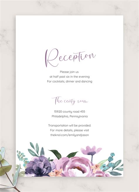 Download Printable Exotic Flowers Purple Wedding Reception Card Pdf