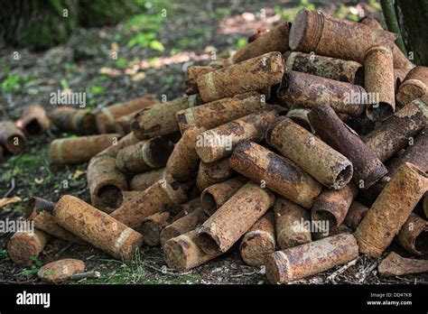 Pile Of Rusty First World War One Artillery Grenade Shells Dug Up In