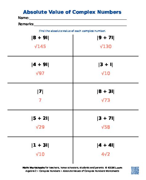 Absolute Value Of Complex Numbers Worksheet 2