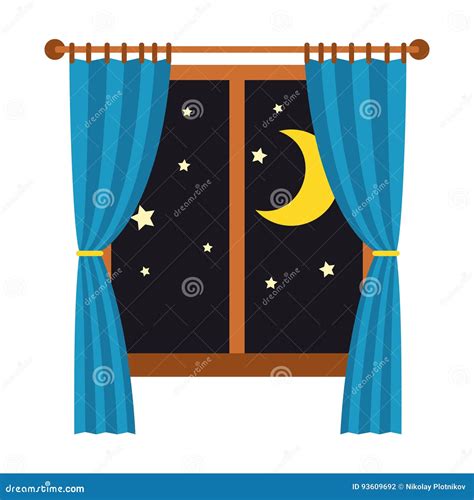 Night Out The Window With Blue Curtains Isolated On White Background