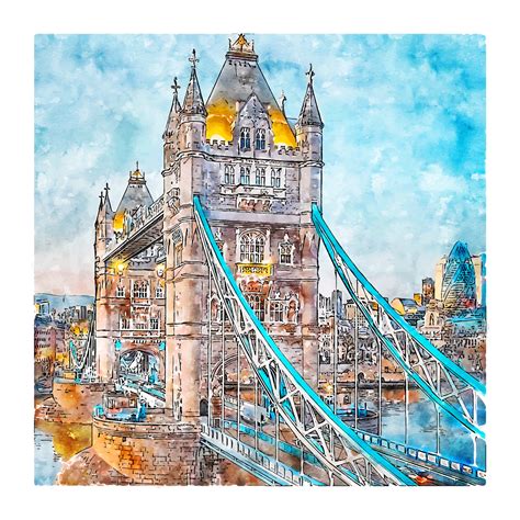 Tower Bridge London United Kingdom Watercolor Sketch Hand Drawn
