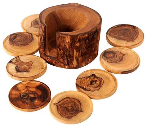 Handmade Olive Wood Rustic Holder And Coasters Set Of 8 Rustic