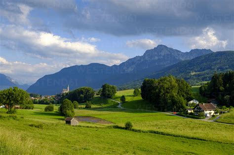Germany Bavaria Chiemgau Idyllic Lush Green Mountain Scenery Stock Photo