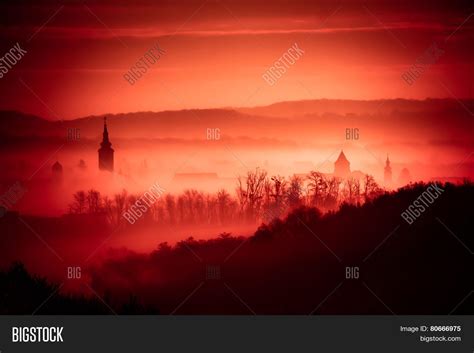 Red Foggy Dawn Town Image And Photo Free Trial Bigstock