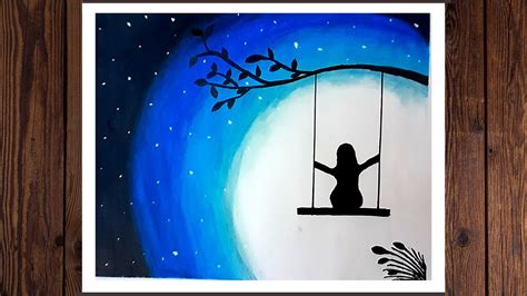 Alone Girl Swinging On A Tree Girl On Swing In Moonlight Drawing