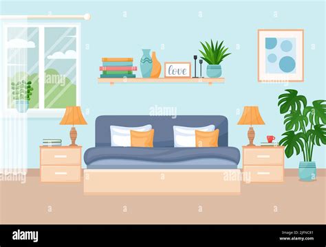Cozy Modern Bedroom Interior With Furniture And Windows Vector