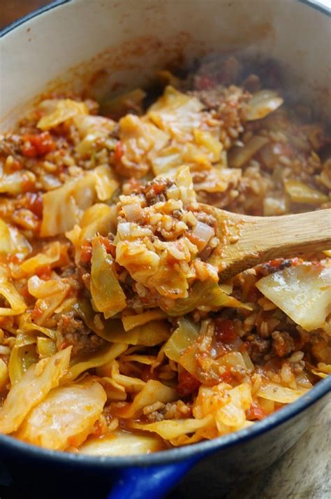 Add the cabbage, marinara, water, and salt to the pan and stir to cover the cabbage in the marinara and beef. Unstuffed Cabbage Rolls