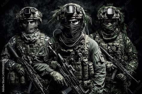 Powerful Special Forces Military Unit In Full Tactical Gear On Wartime