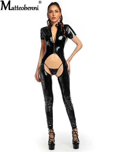 Billionm Erotic Sexy Crotchless Latex Bodysuit Double Zipper Lingerie For Women Breast Exposing