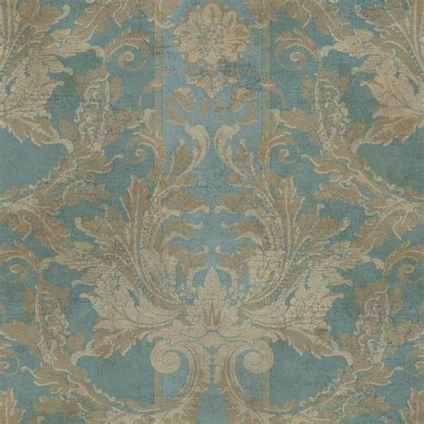 Aida Damask With Stripe Wallpaper In Blue And Gold Design By York