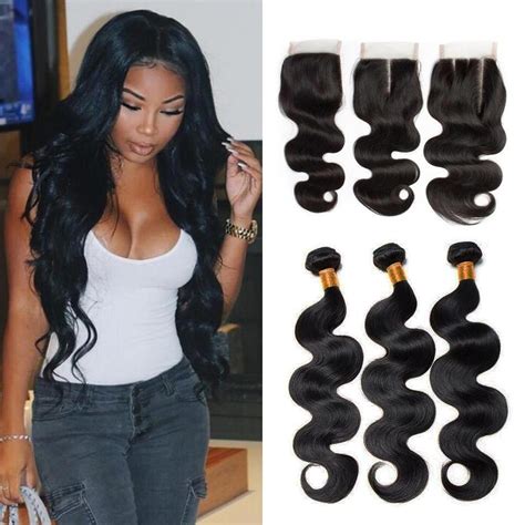 Quality Peruvian Body Wave Lace Closure With 3bundles Human Hair Weaves Peruvian Middle Part