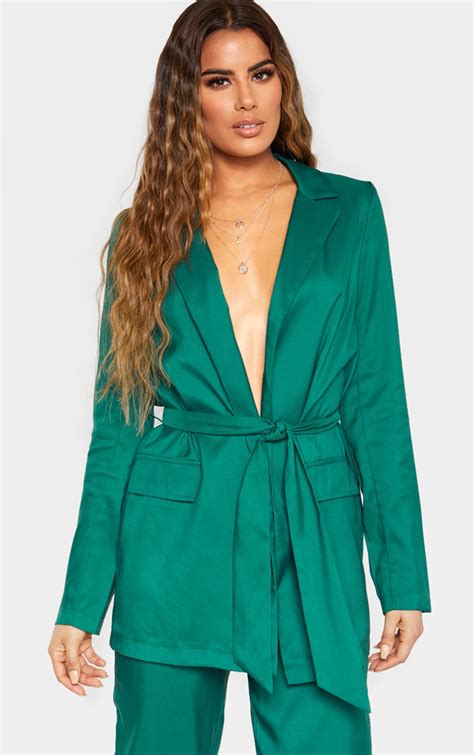 Tall Emerald Green Tied Waist Suit Jacket Prettylittlething