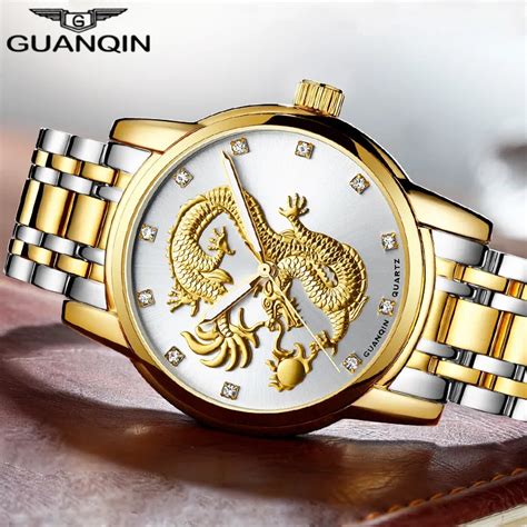 Guanqin Men Watches Chinese Gold Dragon Brand Luxury Sculpture Quartz