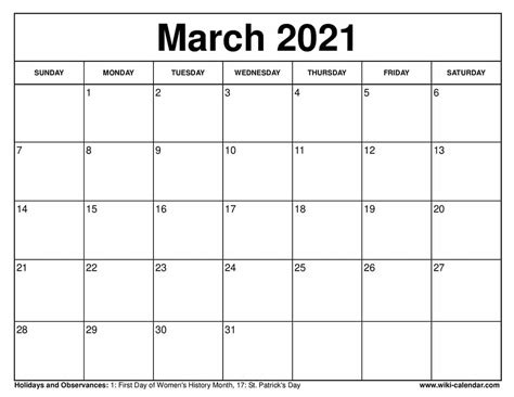 Free Printable March 2021 Calendar With Holidays Pdf Goimages Mega